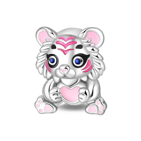 Silver Cute Little Pink White Tiger Charm Accent Charm - Compatible with Pandora Bracelets