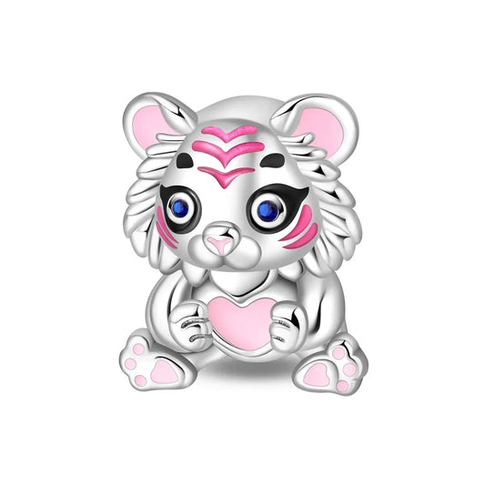 Silver Cute Little Pink White Tiger Charm Accent Charm - Compatible with Pandora Bracelets