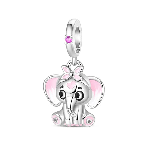 Silver Cute Pink Elephant Charm Bow Magenta Accent Charm - Silver Cute Pink Elephant Charm Bow Magenta Accent Charm - Compatible with Pandora Bracelets