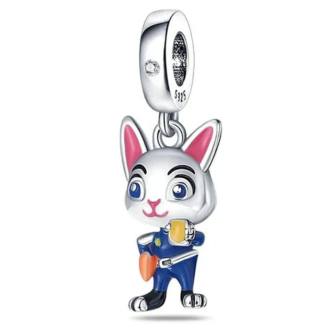 Silver Cute Rabbit Charm Blue Nose Orange Accent Charm - Compatible with Pandora Bracelets