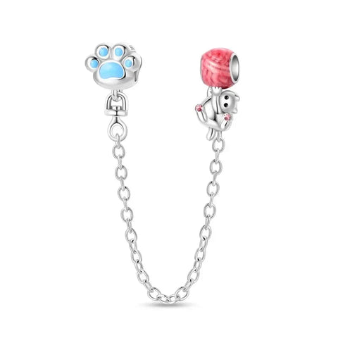 Silver Dog Cat Charm Chain Red Accent