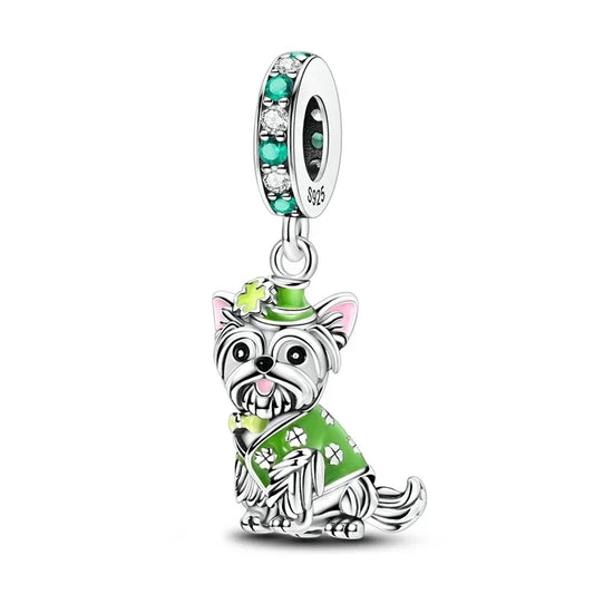 Silver Dog Charm Green Stones Accent Charm - Compatible with Pandora Bracelets