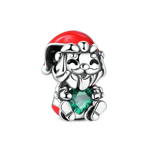 Silver Dog Wearing Santa Hat Green Stone Charm Red - Pandora Silver Dog Wearing Santa Hat Green Stone Charm Red Accent