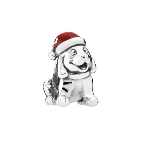 Silver Dog Wearing Santa Hat White Background Charm Red - Pandora Silver Dog Wearing Santa Hat White Background Charm Red Accent