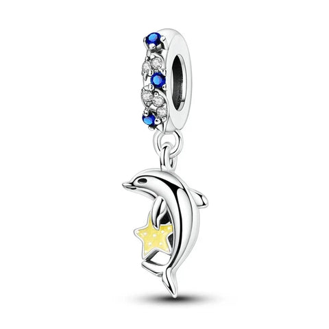 Silver Dolphin Charm Blue White Stones Accent Charm - Silver Dolphin Charm Blue White Stones Accent Charm - Compatible with Pandora Bracelets