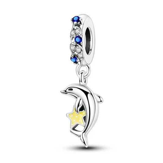 Silver Dolphin Charm Blue White Stones Accent Charm - Compatible with Pandora Bracelets
