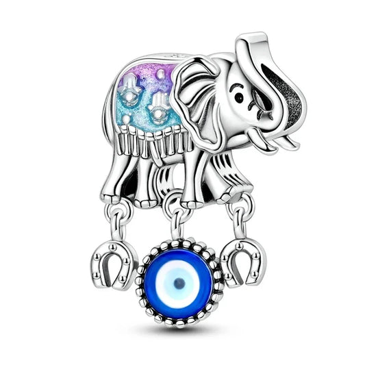 Silver Elephant Charm Blue Eye Accent Charm - Compatible with Pandora Bracelets