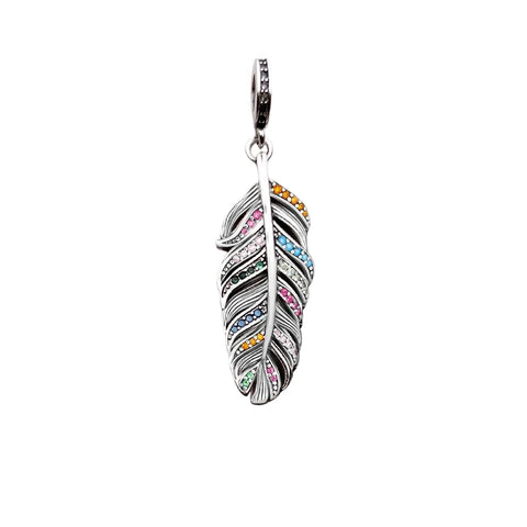 Silver Feather Charm Multi - Colored Stones Orange Accent Charm - Compatible with Pandora Bracelets