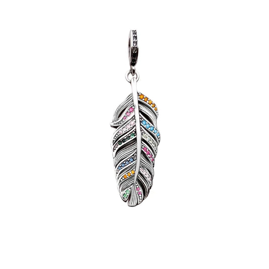 Silver Feather Charm Multi - Colored Stones Orange Accent Charm - Compatible with Pandora Bracelets