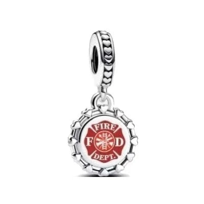 Silver Firefighter Charm Red White Enamel Accent Charm - Compatible with Pandora Bracelets