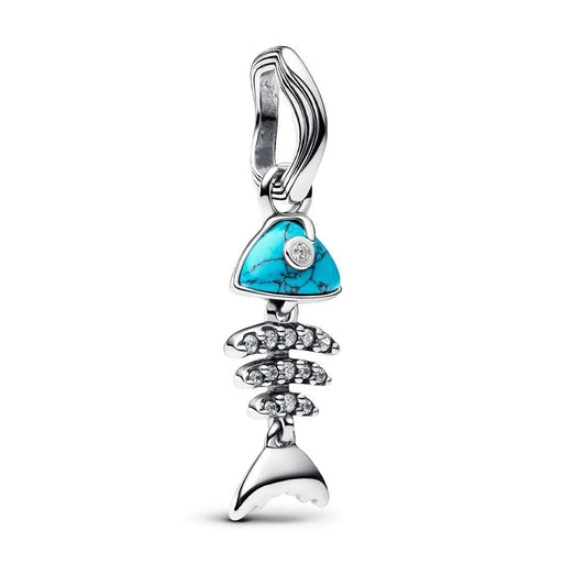 Silver Fish Turquoise Stones Charm Cyan Accent