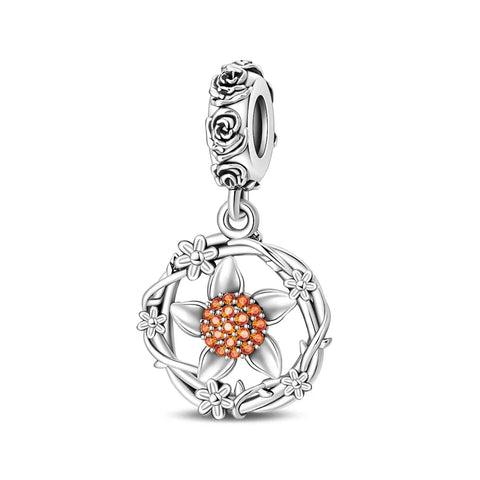 Silver Flower Charm Orange Crystals Accent Charm - Compatible with Pandora Bracelets