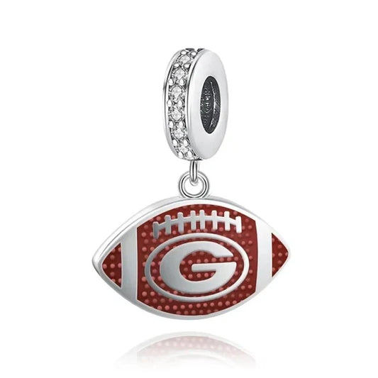 Silver Football Charm Red White Design Accent Charm - Compatible with Pandora Bracelets
