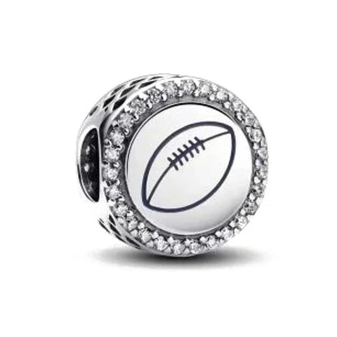 Silver Football Charm  Black Logo Charm - Compatible with Pandora Bracelets