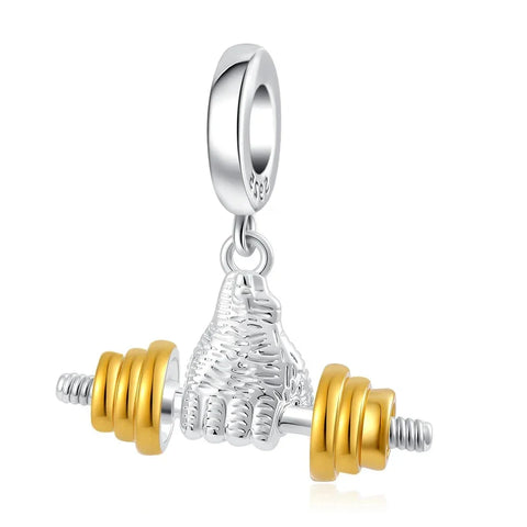 Silver Gold Barbell Charm Yellow Accent Charm - Silver Gold Barbell Charm Yellow Accent Charm - Compatible with Pandora Bracelets