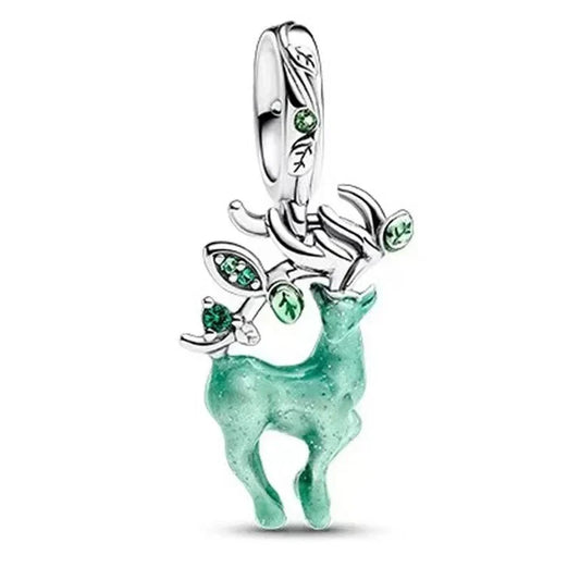 Pandora Silver Green Deer Charm Emerald Stones Accent