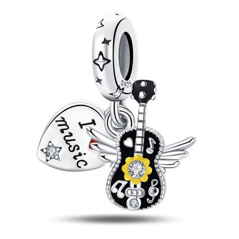 Silver Guitar Charm Heart Flower Yellow Accent - Silver Guitar Charm Heart Flower Yellow Accent