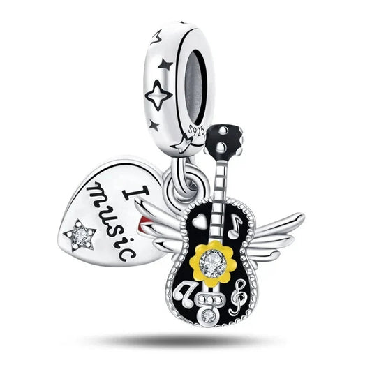 Silver Guitar Charm Heart Flower Yellow Accent