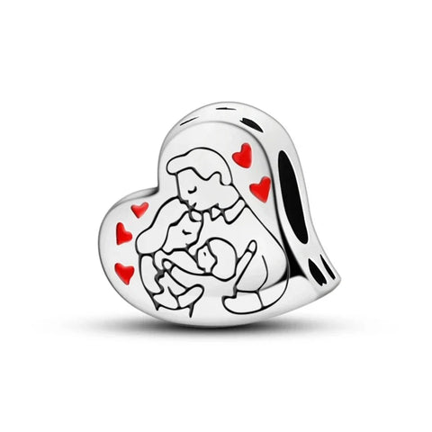 Pandora Silver Heart Shaped Charm Picture Of Family Red Accent