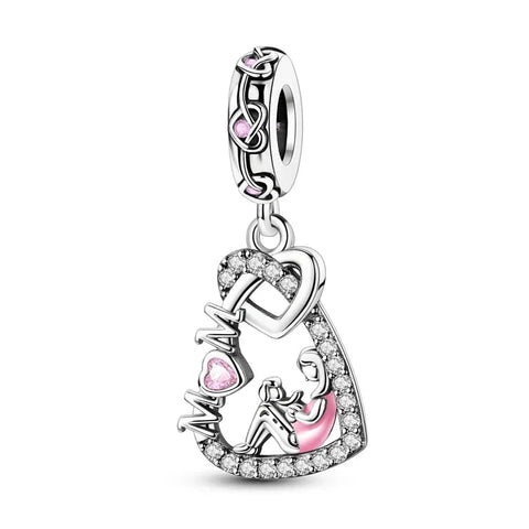 Silver Heart Shaped Charm Pink Crystals Accent