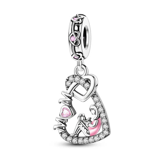 Silver Heart Shaped Charm Pink Crystals Accent