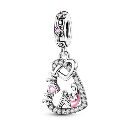 Pandora Silver Heart Shaped Charm Pink Crystals Accent