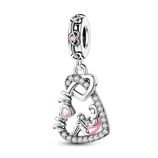 Pandora Silver Heart Shaped Charm Pink Crystals Accent