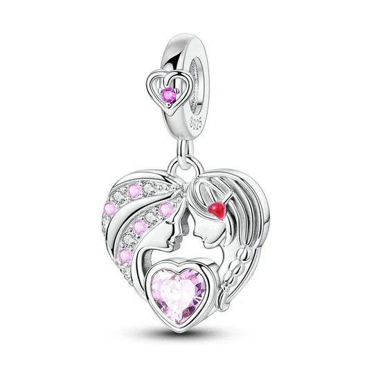 Silver Heart Shaped Charm Pink Crystals Red Accent