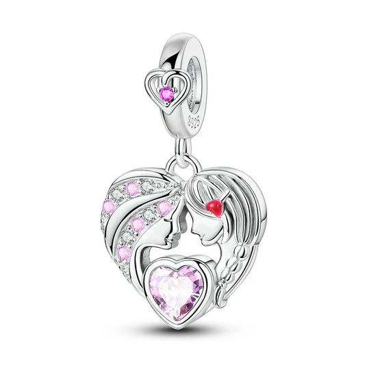 Pandora Silver Heart Shaped Charm Pink Crystals Red Accent