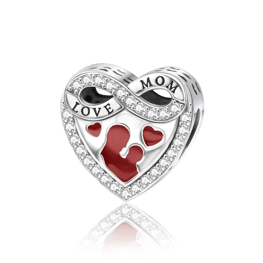 Silver Heart Shaped Charm Words Love Mom Red Accent