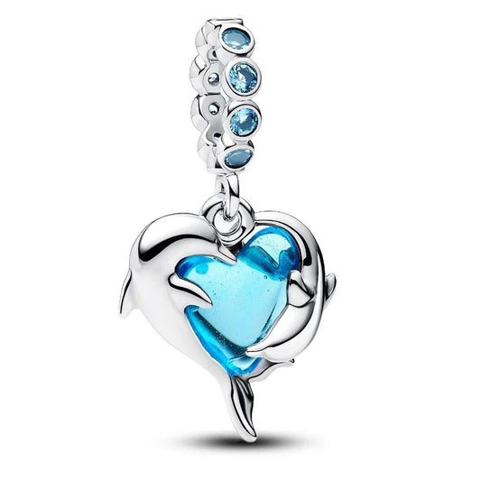 Silver Heart Shaped Blue Crystals Charm Cyan Accent