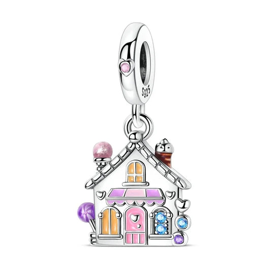 Silver House Charm Pink Orange Accent Charm - Compatible with Pandora Bracelets