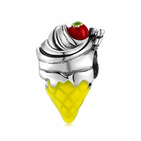 Silver Ice Cream Cone Cherry On Top Charm Yellow Accent - Pandora Silver Ice Cream Cone With Cherry On Top Charm Yellow Accent