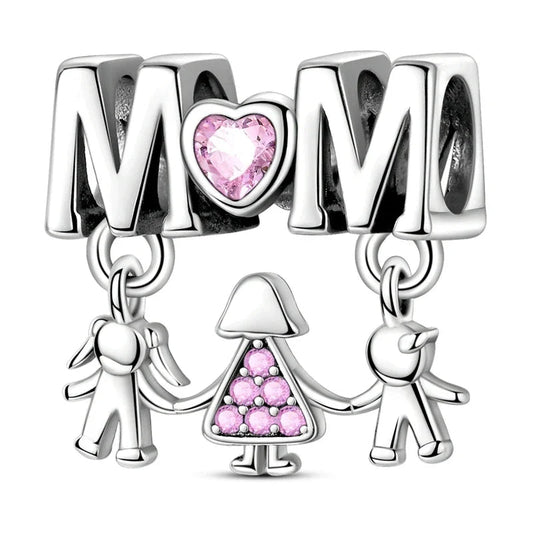 Silver Mother Child Charm Pink Crystals