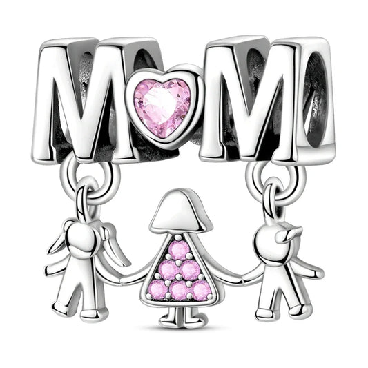 Pandora Silver Mother Child Charm Pink Crystals