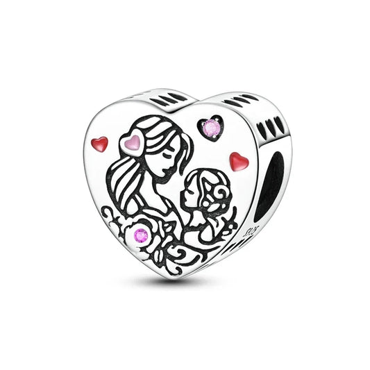 Pandora Silver Mother Child Heart Charm Pink Hearts Red Accent