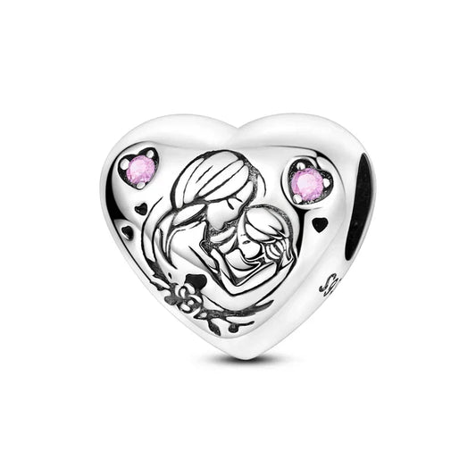 Silver Mother Child Heart Charm Pink Stones