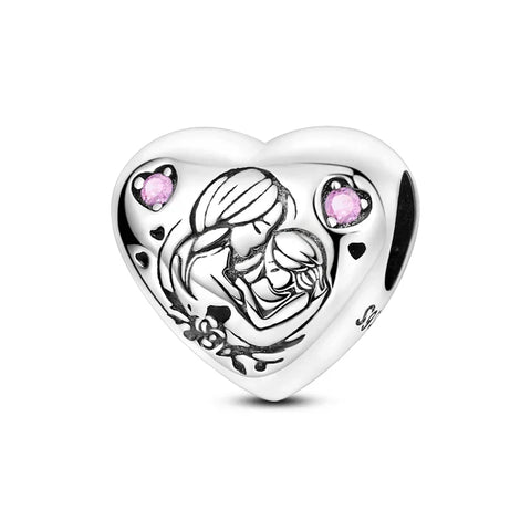 Silver Mother Child Heart Charm Pink Stones - Pandora Silver Mother Child Heart Charm Pink Stones