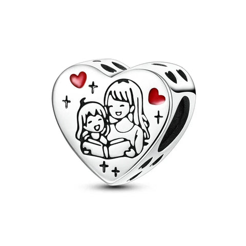 Silver Mother Child Heart Charm Red Accent - Silver Mother Child Heart Charm Red Accent