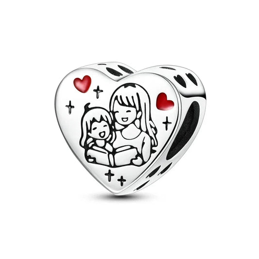 Silver Mother Child Heart Charm Red Accent