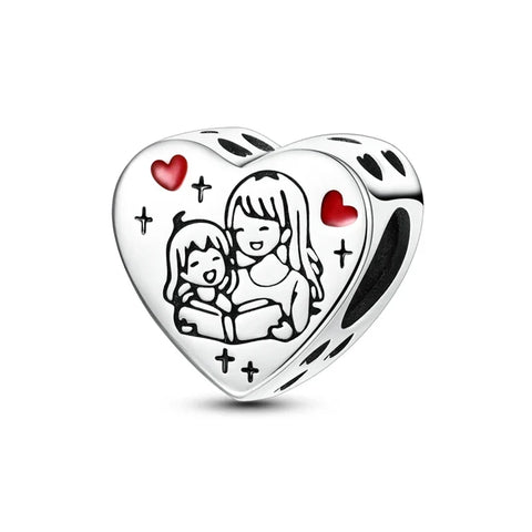 Pandora Silver Mother Child Heart Charm Red Accent