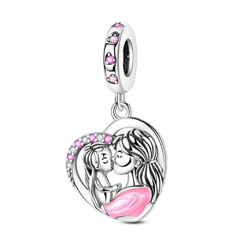 Silver Mother Daughter Heart Charm Pink Crystals Accent - Silver Mother Daughter Heart Charm Pink Crystals Accent