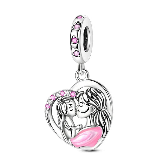 Silver Mother Daughter Heart Charm Pink Crystals Accent