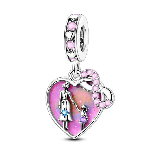 Silver Mother Daughter Heart Charm Pink Crystals Magenta Accent