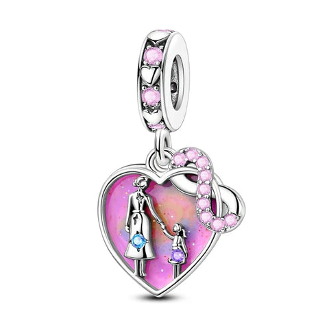 Silver Mother Daughter Heart Charm Pink Crystals Magenta Accent - Pandora Silver Mother Daughter Heart Charm Pink Crystals Magenta Accent
