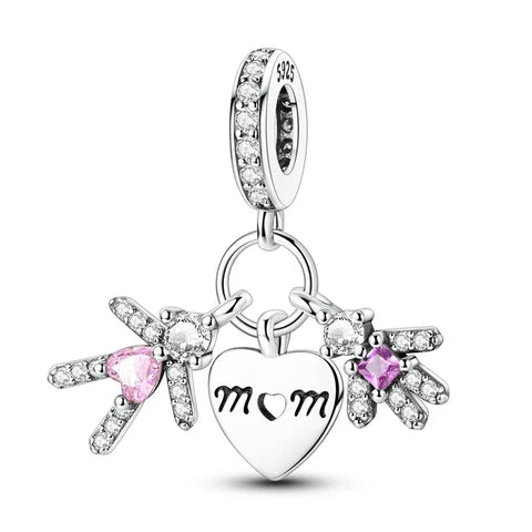 Silver Mother'S Heart Charm Pink White Diamonds Magenta Accent - Silver Mother'S Heart Charm Pink White Diamonds Magenta Accent