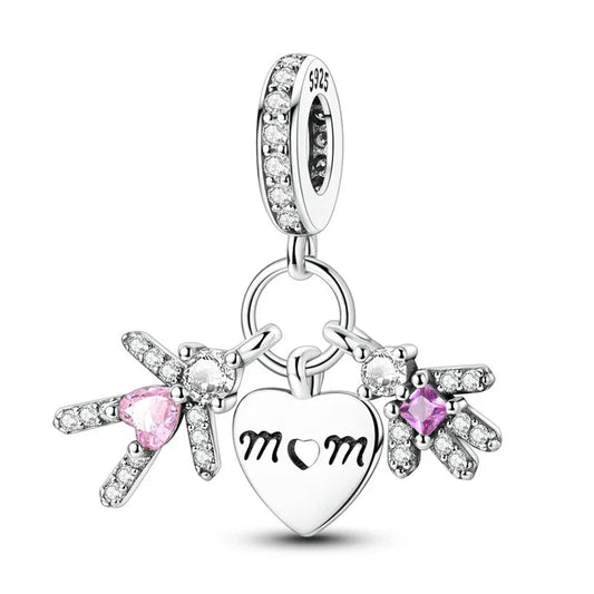Silver Mother'S Heart Charm Pink White Diamonds Magenta Accent