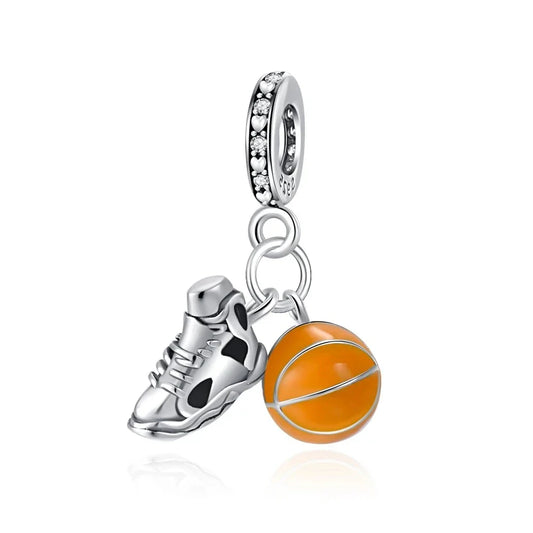 Silver Orange Basketball Charm Accent Charm - Compatible with Pandora Bracelets