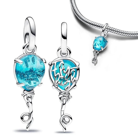 Silver Pair Of Blue Crystal Charm Cyan Accent