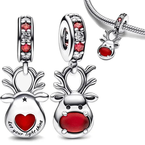 Silver Pair Red White Deer Charms Heart Charm - Pandora Silver Pair Of Red White Deer Charms Heart Charm Accent